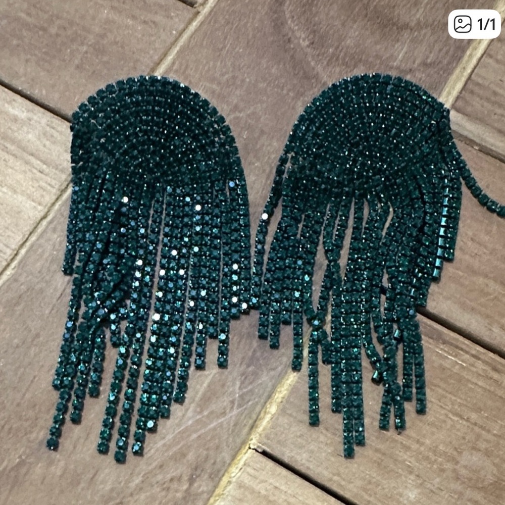 Emerald Rhinestone Fringe Earrings